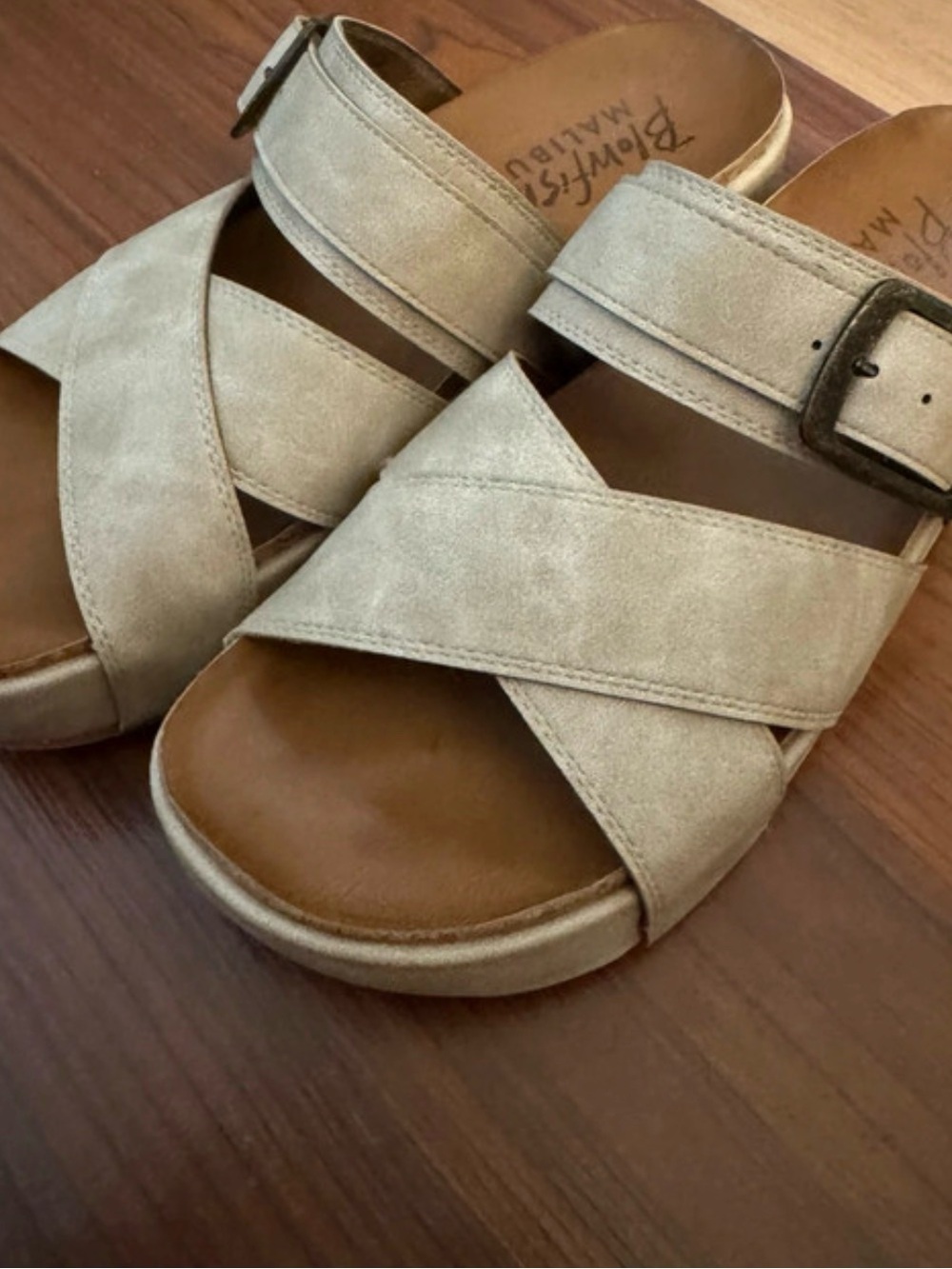 Blowfish Crisscross Suede Slide Sandals in Light Beige with Buckle
